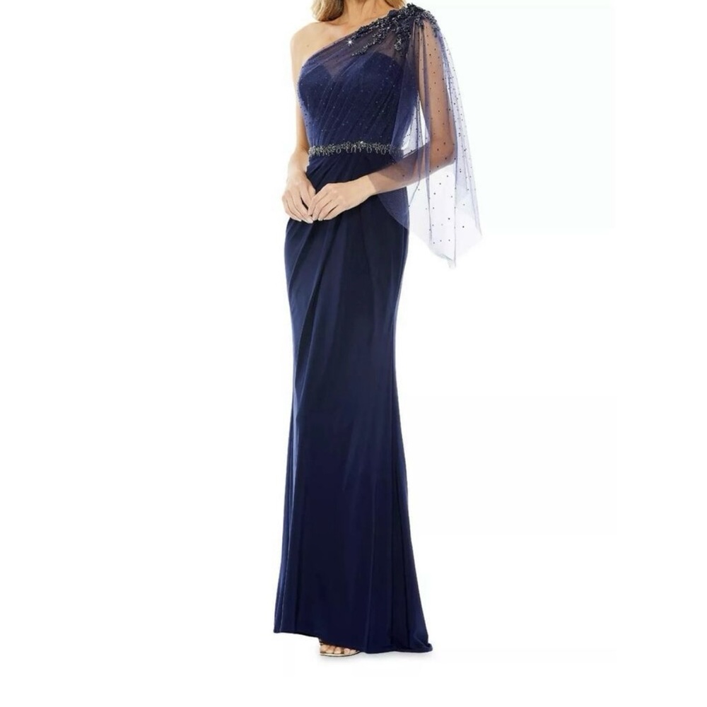 Mac Duggal Navy One-Shoulder Maxi Dress